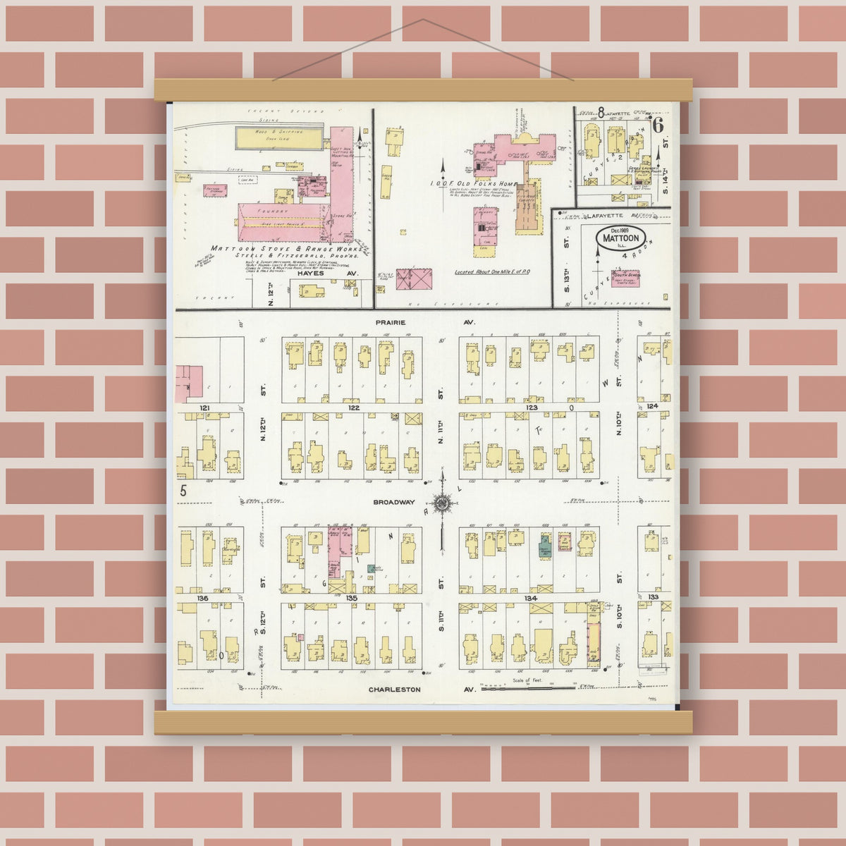 Old map wall art mockup — magnetic wood frame on brick wall — Sanborn Fire Insurance Map from Mattoon, Coles County, Illinois (1909), Sheet #0006