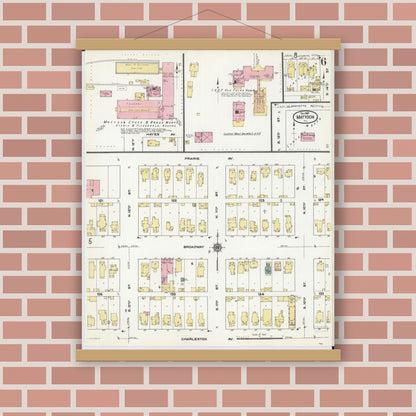 Old map wall art mockup — magnetic wood frame on brick wall — Sanborn Fire Insurance Map from Mattoon, Coles County, Illinois (1909), Sheet #0006