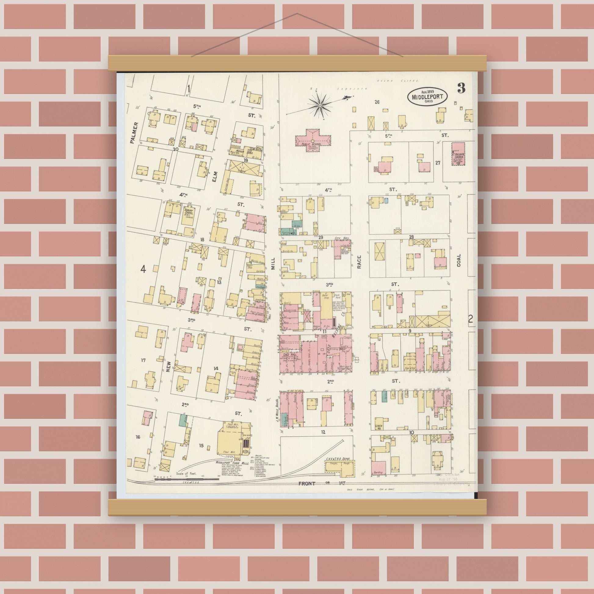 Old map wall art mockup — magnetic wood frame on brick wall — Sanborn Fire Insurance Map from Middleport, Meigs County, Ohio (1899), Sheet #0003