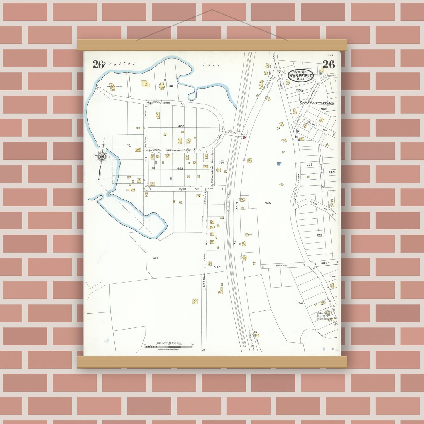 Old map wall art mockup — magnetic wood frame on brick wall — Sanborn Fire Insurance Map from Wakefield, Middlesex County, Massachusetts (1923), Sheet #0026