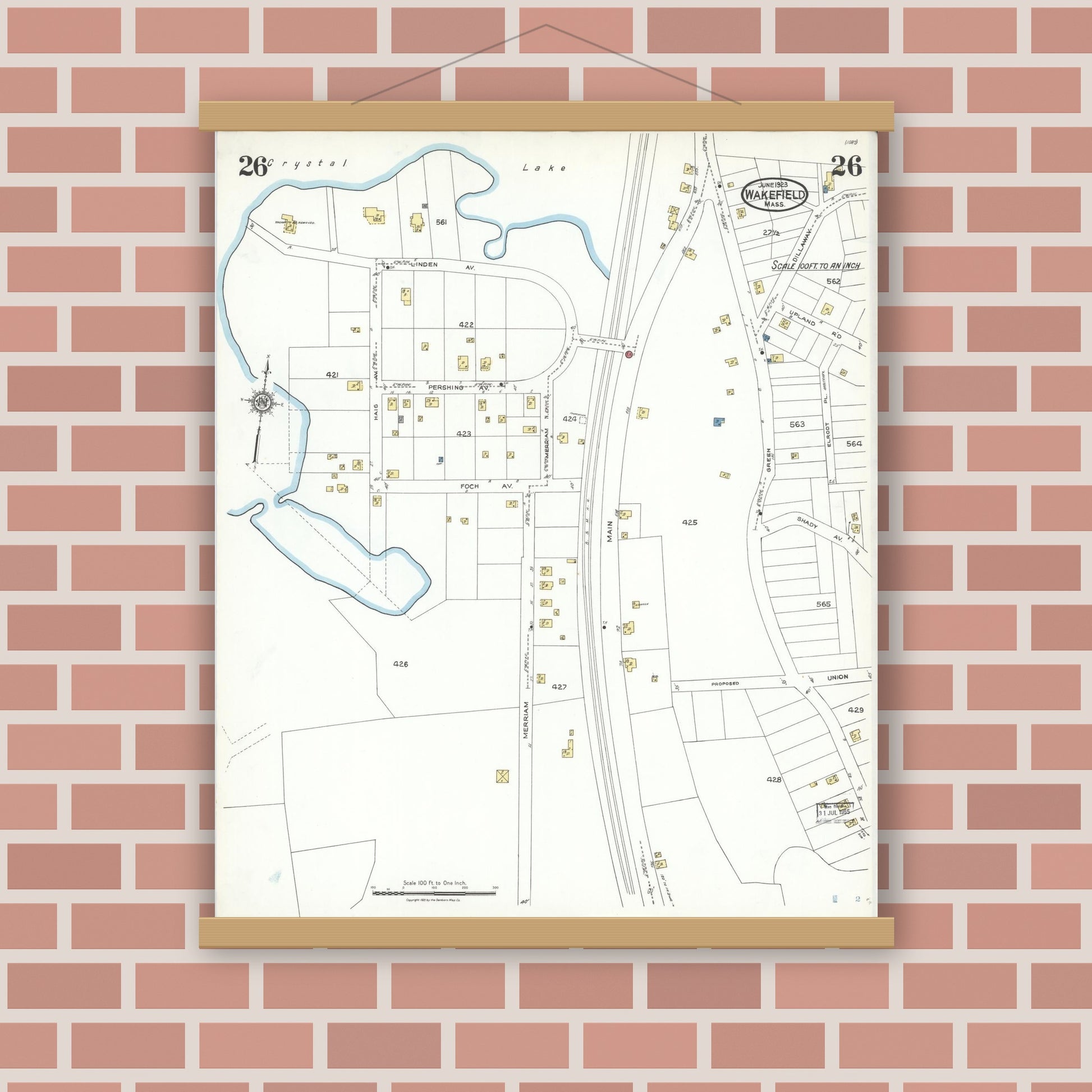 Old map wall art mockup — magnetic wood frame on brick wall — Sanborn Fire Insurance Map from Wakefield, Middlesex County, Massachusetts (1923), Sheet #0026