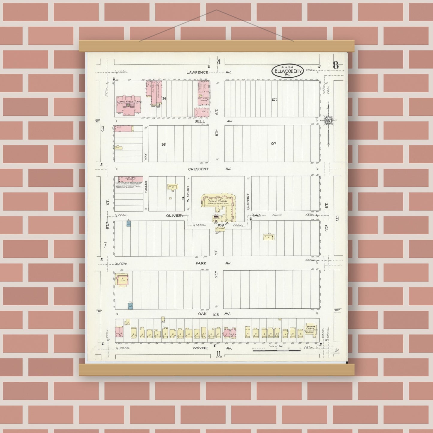 Old map wall art mockup — magnetic wood frame on brick wall — Sanborn Fire Insurance Map from Ellwood City, Lawrence County, Pennsylvania (1914), Sheet #0008
