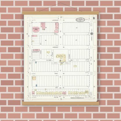 Old map wall art mockup — magnetic wood frame on brick wall — Sanborn Fire Insurance Map from Ellwood City, Lawrence County, Pennsylvania (1914), Sheet #0008