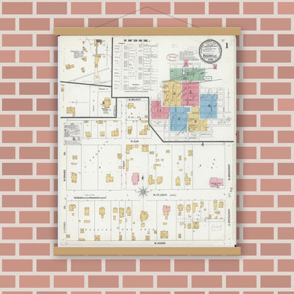 Old map wall art mockup — magnetic wood frame on brick wall — Sanborn Fire Insurance Map from Nashville, Washington County, Illinois (1899) - Complete Map Set