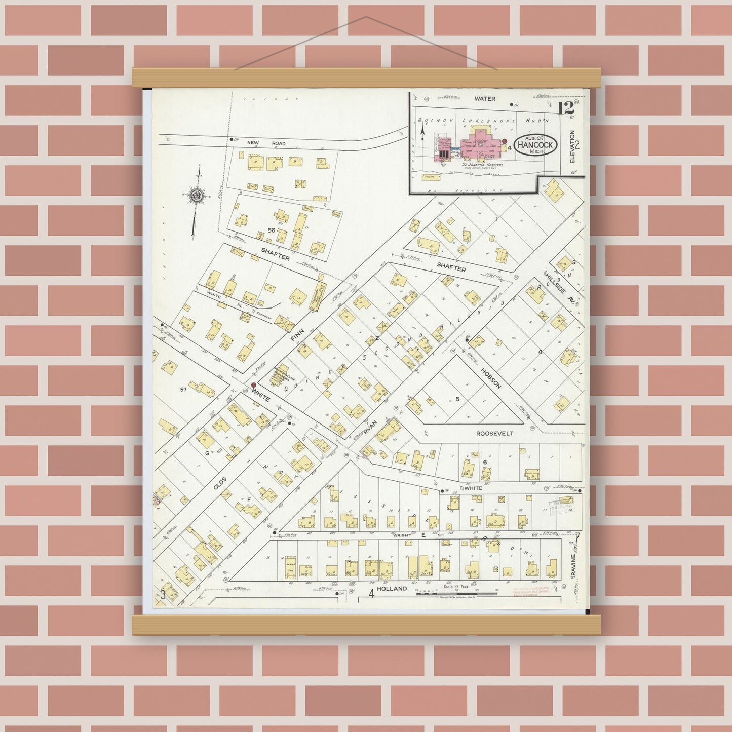 Old map wall art mockup — magnetic wood frame on brick wall — Sanborn Fire Insurance Map from Hancock, Houghton County, Michigan (1917), Sheet #0012