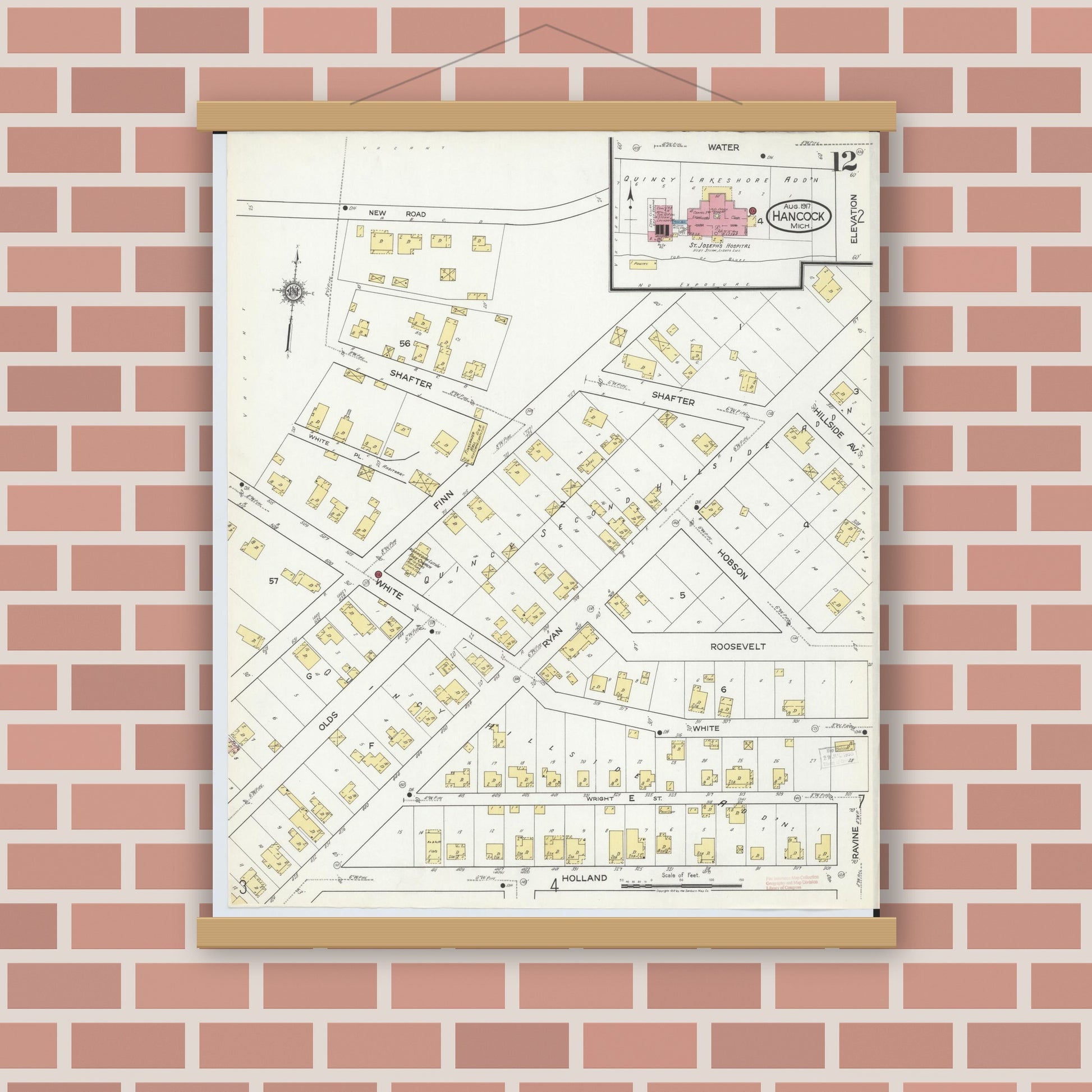 Old map wall art mockup — magnetic wood frame on brick wall — Sanborn Fire Insurance Map from Hancock, Houghton County, Michigan (1917), Sheet #0012