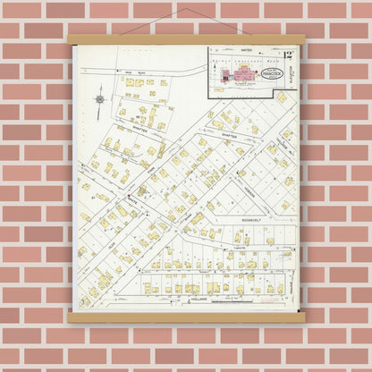 Old map wall art mockup — magnetic wood frame on brick wall — Sanborn Fire Insurance Map from Hancock, Houghton County, Michigan (1917), Sheet #0012
