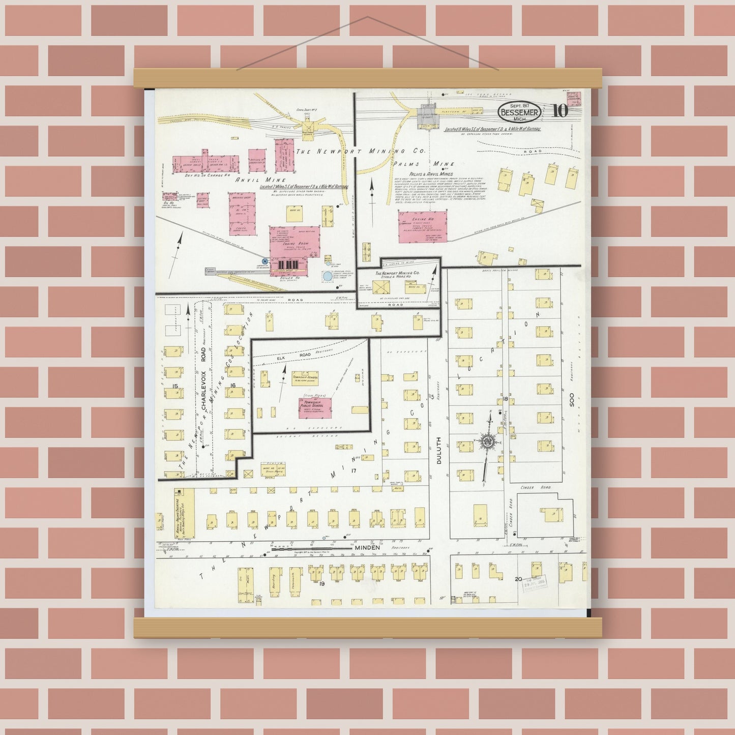 Old map wall art mockup — magnetic wood frame on brick wall — Sanborn Fire Insurance Map from Bessemer, Gogebic County, Michigan (1917), Sheet #0010