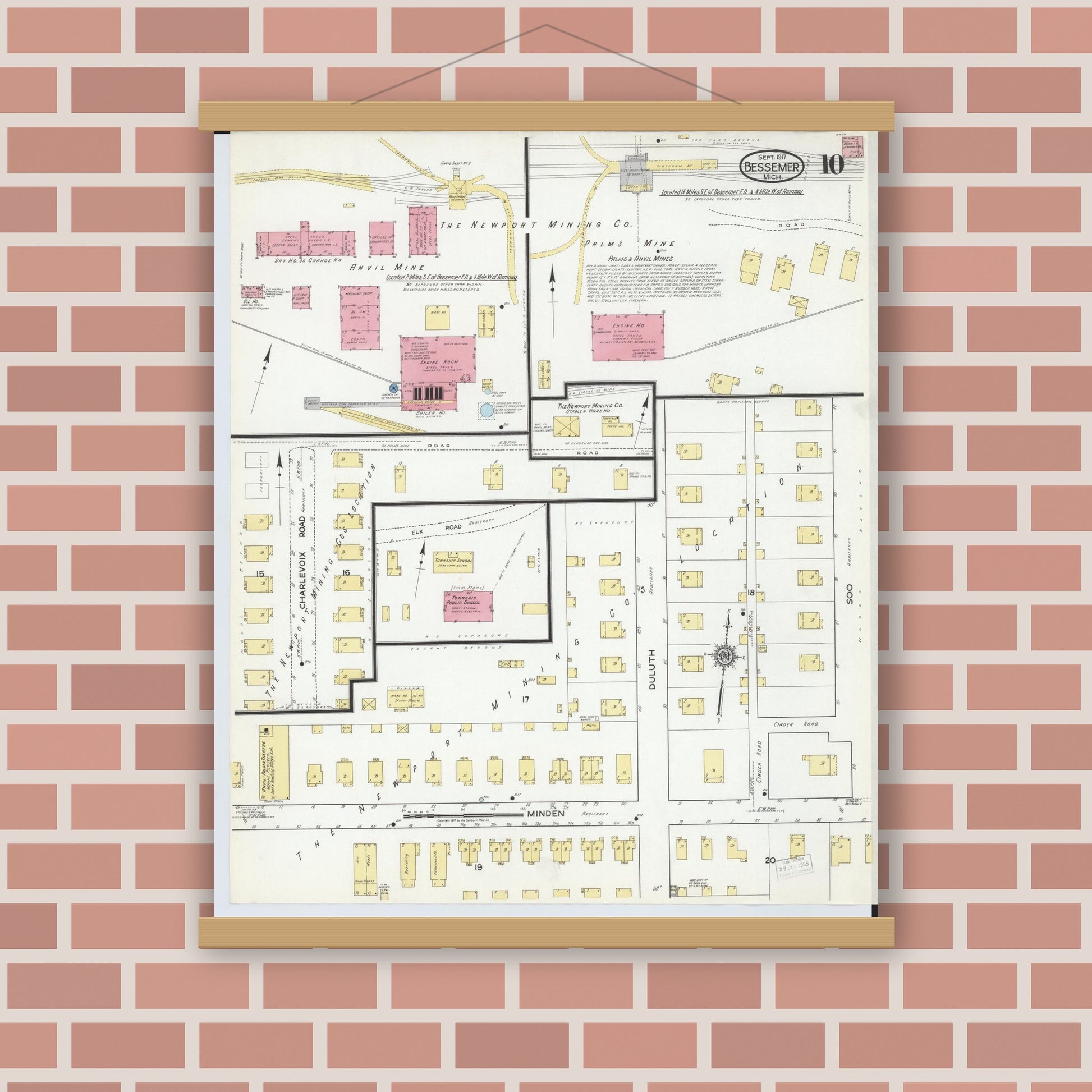 Old map wall art mockup — magnetic wood frame on brick wall — Sanborn Fire Insurance Map from Bessemer, Gogebic County, Michigan (1917), Sheet #0010