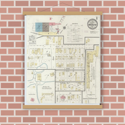 Old map wall art mockup — magnetic wood frame on brick wall — Sanborn Fire Insurance Map from New Boston, Scioto County, Ohio (1911) - Complete Map Set