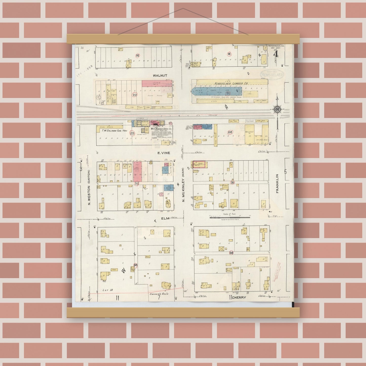 Old map wall art mockup — magnetic wood frame on brick wall — Sanborn Fire Insurance Map from Rensselaer, Jasper County, Indiana (1942), Sheet #0004