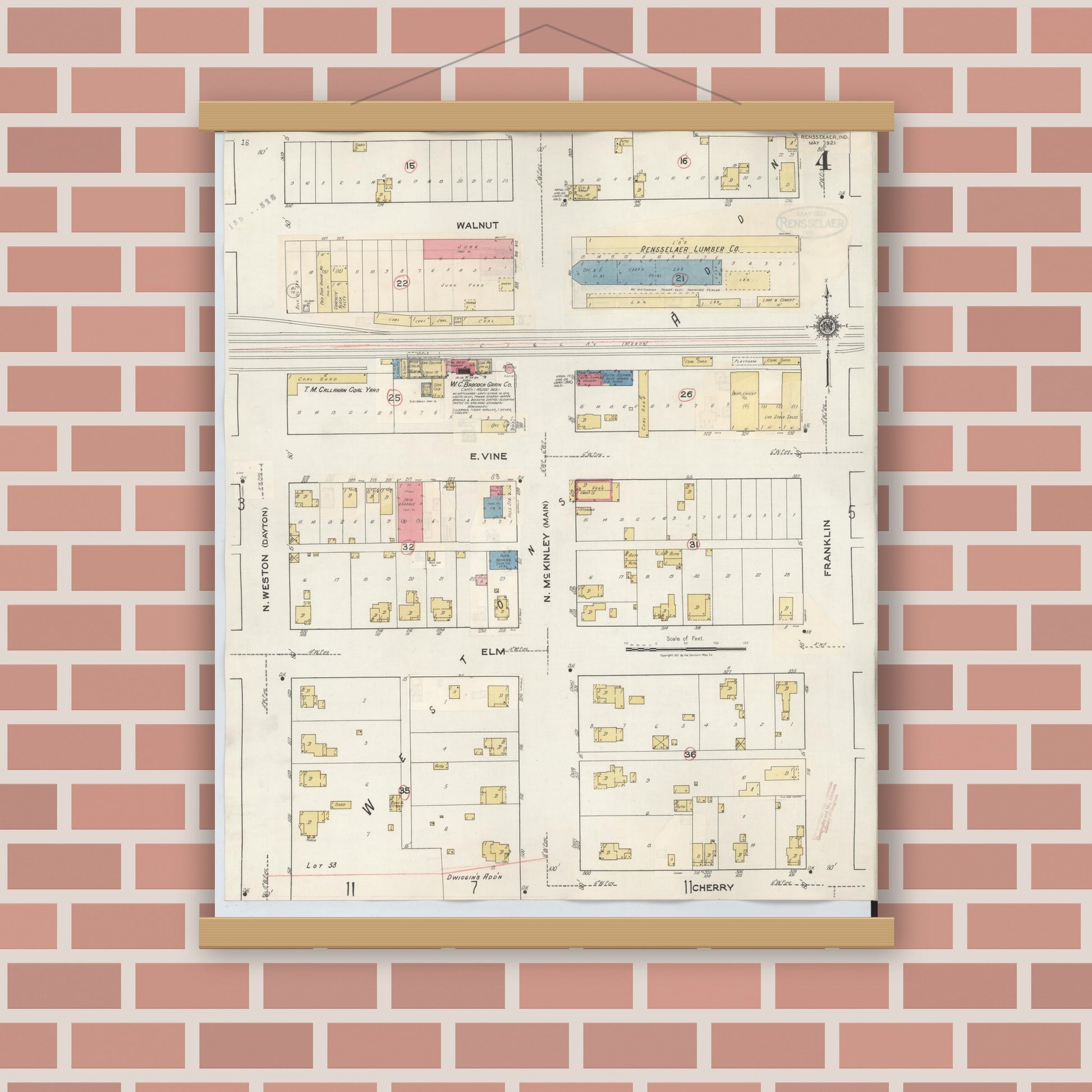 Old map wall art mockup — magnetic wood frame on brick wall — Sanborn Fire Insurance Map from Rensselaer, Jasper County, Indiana (1942), Sheet #0004