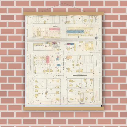 Old map wall art mockup — magnetic wood frame on brick wall — Sanborn Fire Insurance Map from Rensselaer, Jasper County, Indiana (1942), Sheet #0004