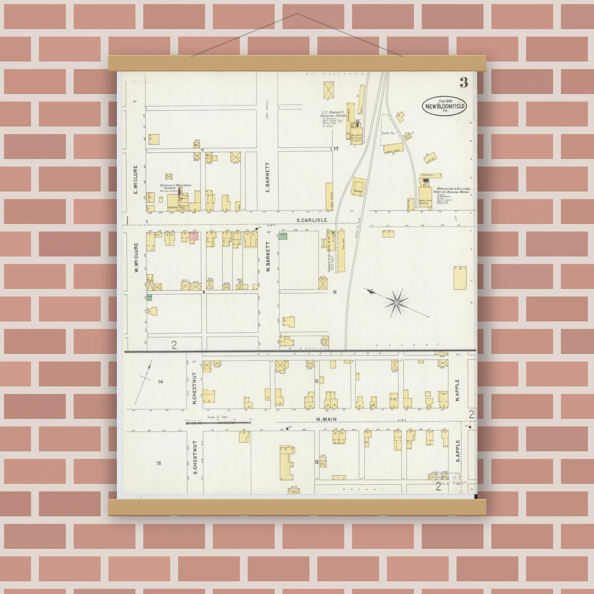 Old map wall art mockup — magnetic wood frame on brick wall — Sanborn Fire Insurance Map from New Bloomfield, Perry County, Pennsylvania (1899), Sheet #0003