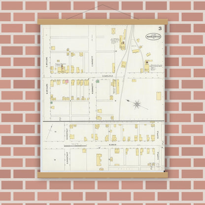 Old map wall art mockup — magnetic wood frame on brick wall — Sanborn Fire Insurance Map from New Bloomfield, Perry County, Pennsylvania (1899), Sheet #0003
