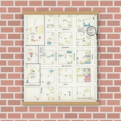 Old map wall art mockup — magnetic wood frame on brick wall — Sanborn Fire Insurance Map from Seguin, Guadalupe County, Texas (1891) - Complete Map Set