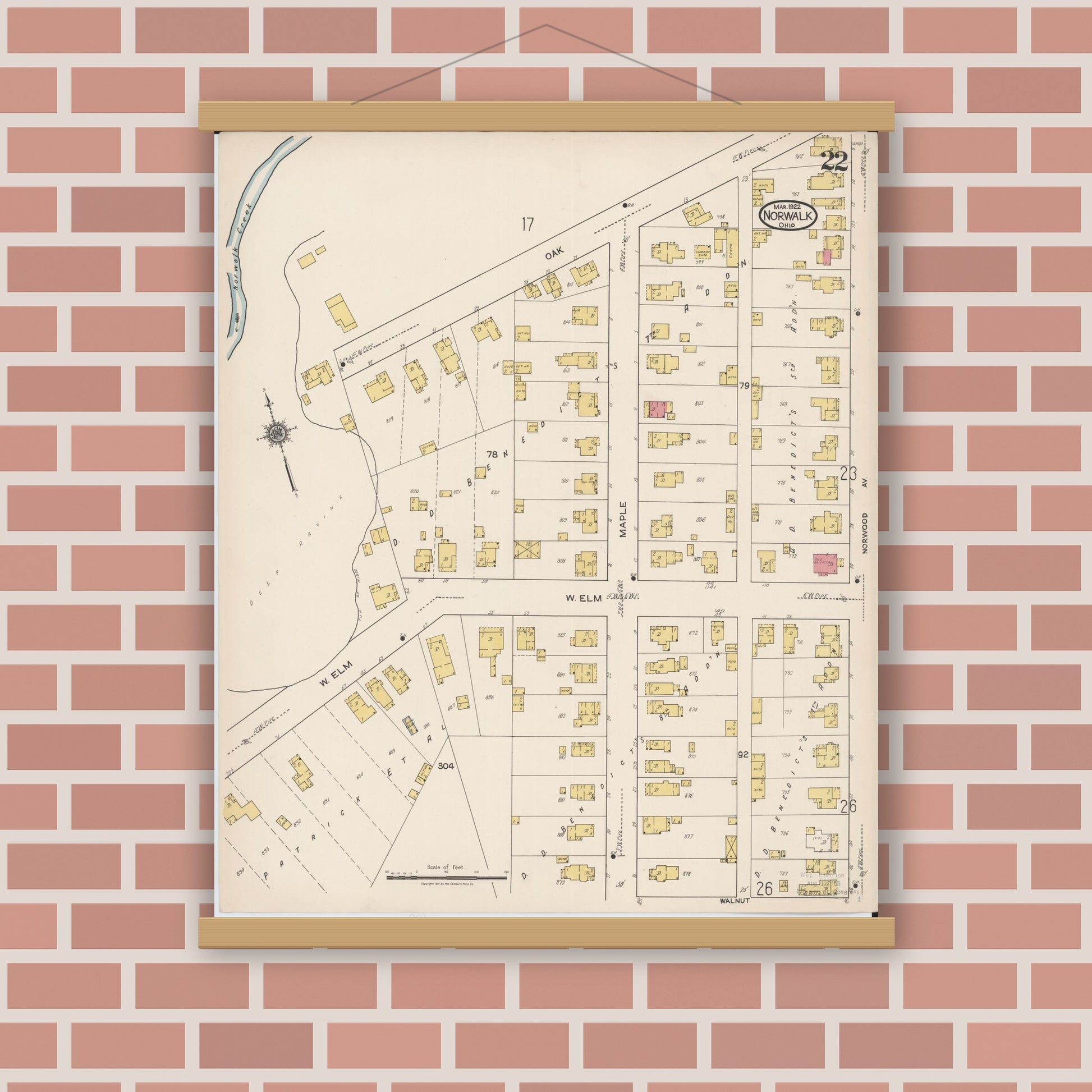Old map wall art mockup — magnetic wood frame on brick wall — Sanborn Fire Insurance Map from Norwalk, Huron County, Ohio (1922), Sheet #0022