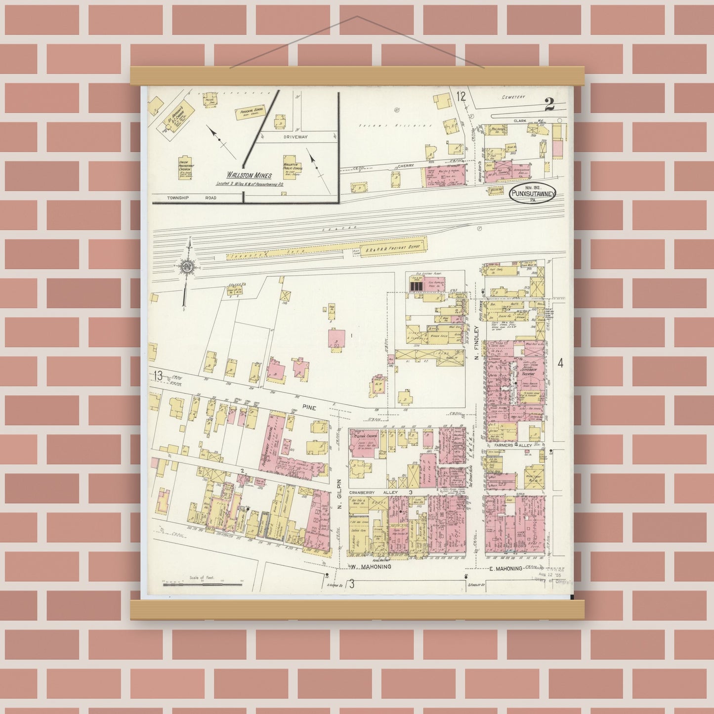 Old map wall art mockup — magnetic wood frame on brick wall — Sanborn Fire Insurance Map from Punxsutawney, Jefferson County, Pennsylvania (1912), Sheet #0002