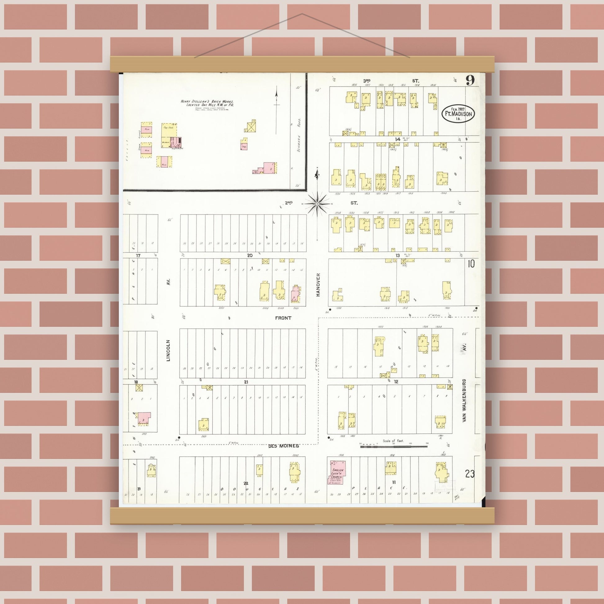 Old map wall art mockup — magnetic wood frame on brick wall — Sanborn Fire Insurance Map from Fort Madison, Lee County, Iowa (1907), Sheet #0009