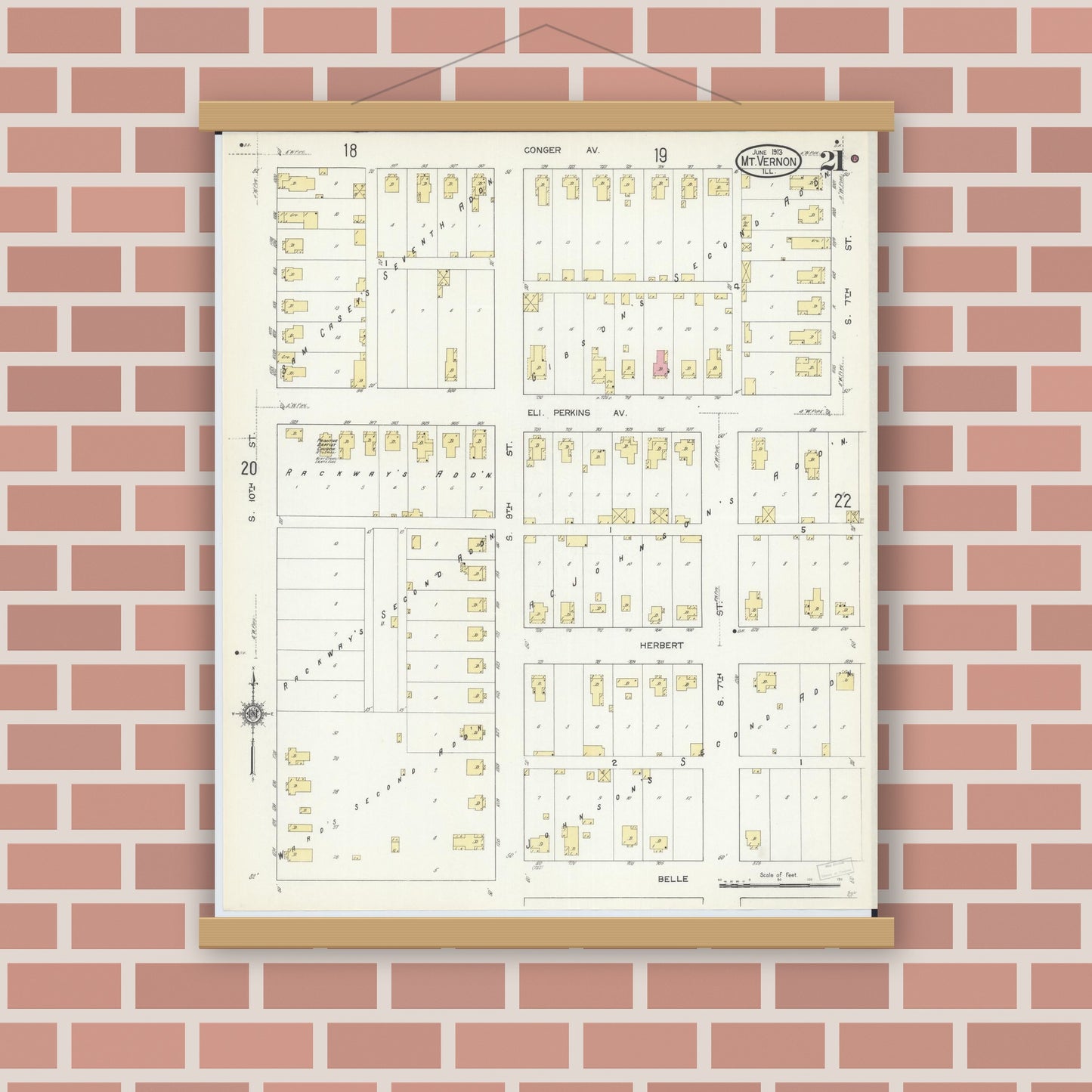 Old map wall art mockup — magnetic wood frame on brick wall — Sanborn Fire Insurance Map from Mount Vernon, Jefferson County, Illinois (1913), Sheet #0021