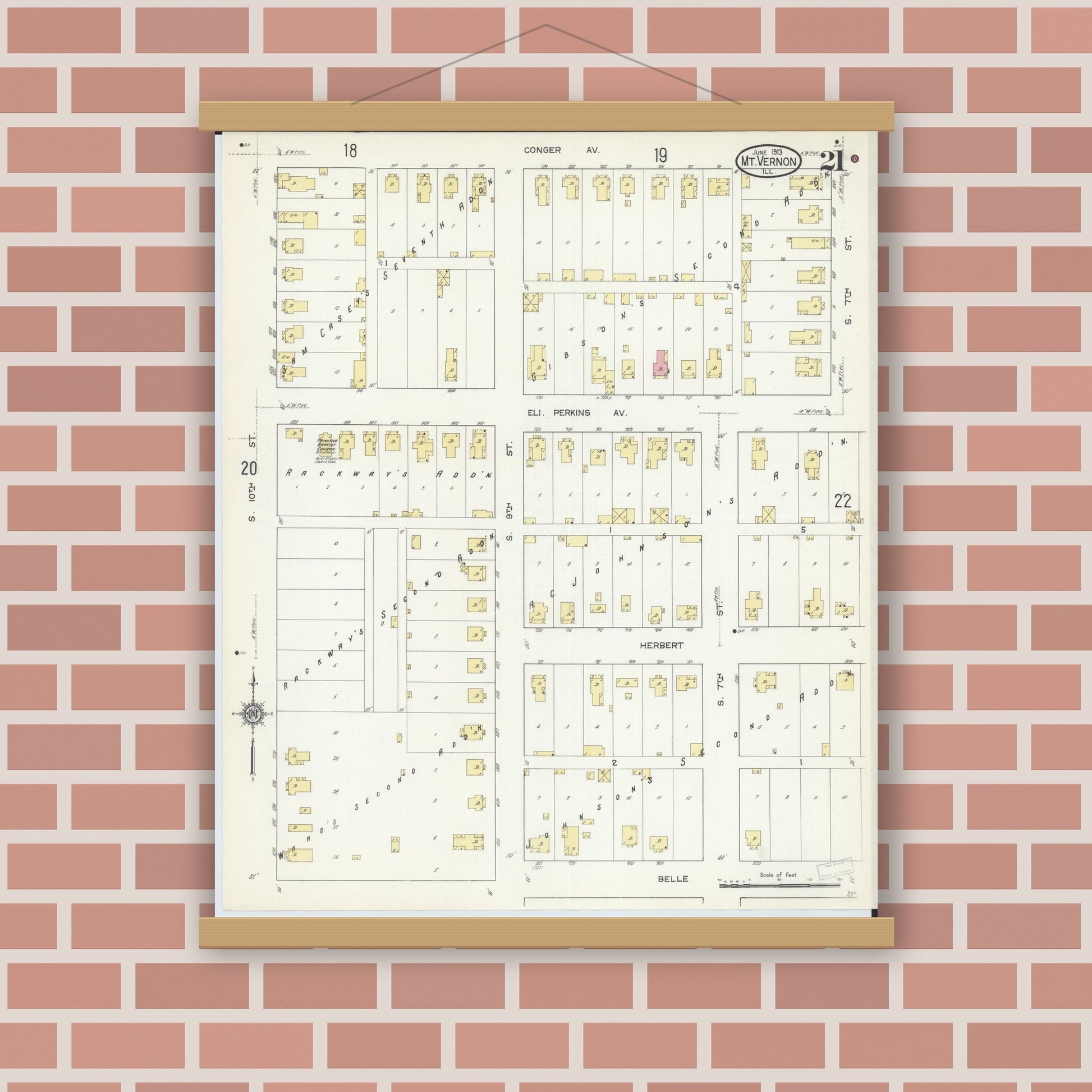 Old map wall art mockup — magnetic wood frame on brick wall — Sanborn Fire Insurance Map from Mount Vernon, Jefferson County, Illinois (1913), Sheet #0021