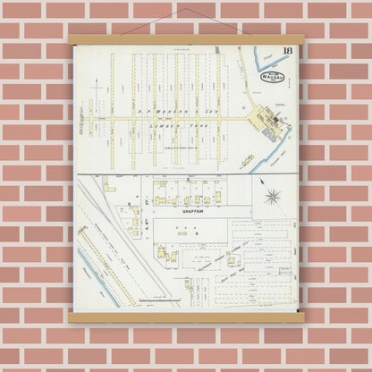 Old map wall art mockup — magnetic wood frame on brick wall — Sanborn Fire Insurance Map from Wausau, Marathon County, Wisconsin (1891), Sheet #0018