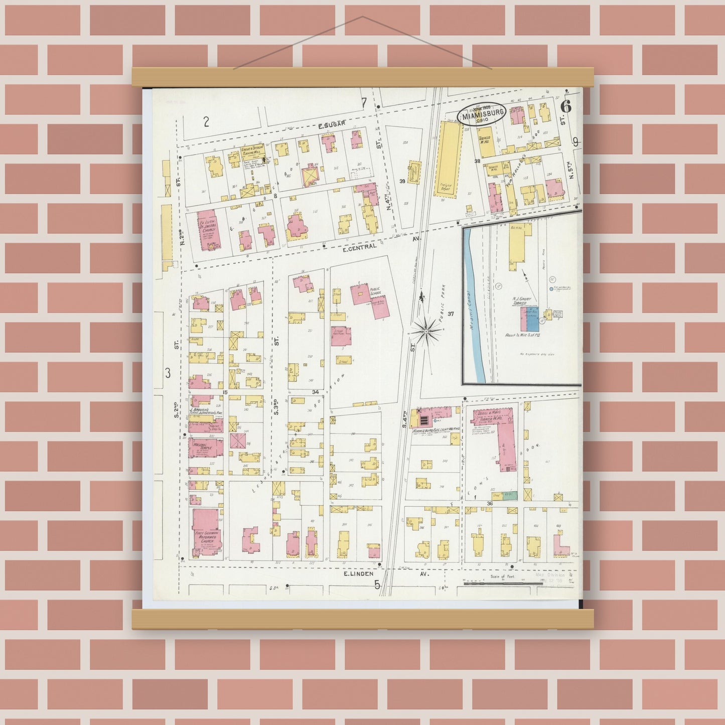 Old map wall art mockup — magnetic wood frame on brick wall — Sanborn Fire Insurance Map from Miamisburg, Montgomery County, Ohio (1905), Sheet #0006