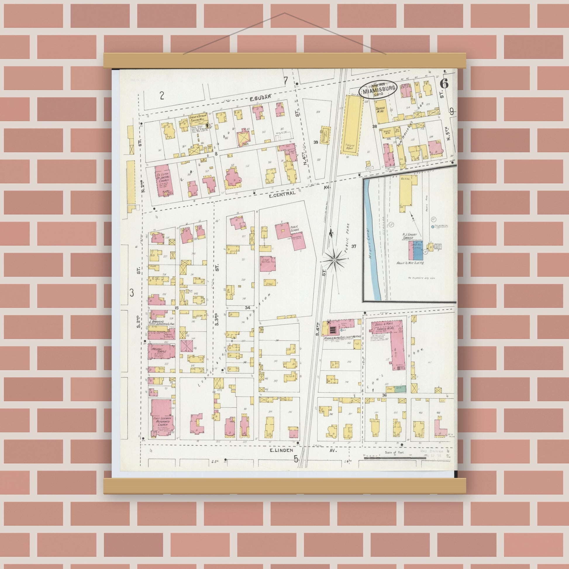 Old map wall art mockup — magnetic wood frame on brick wall — Sanborn Fire Insurance Map from Miamisburg, Montgomery County, Ohio (1905), Sheet #0006