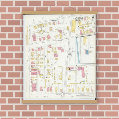 Old map wall art mockup — magnetic wood frame on brick wall — Sanborn Fire Insurance Map from Miamisburg, Montgomery County, Ohio (1905), Sheet #0006