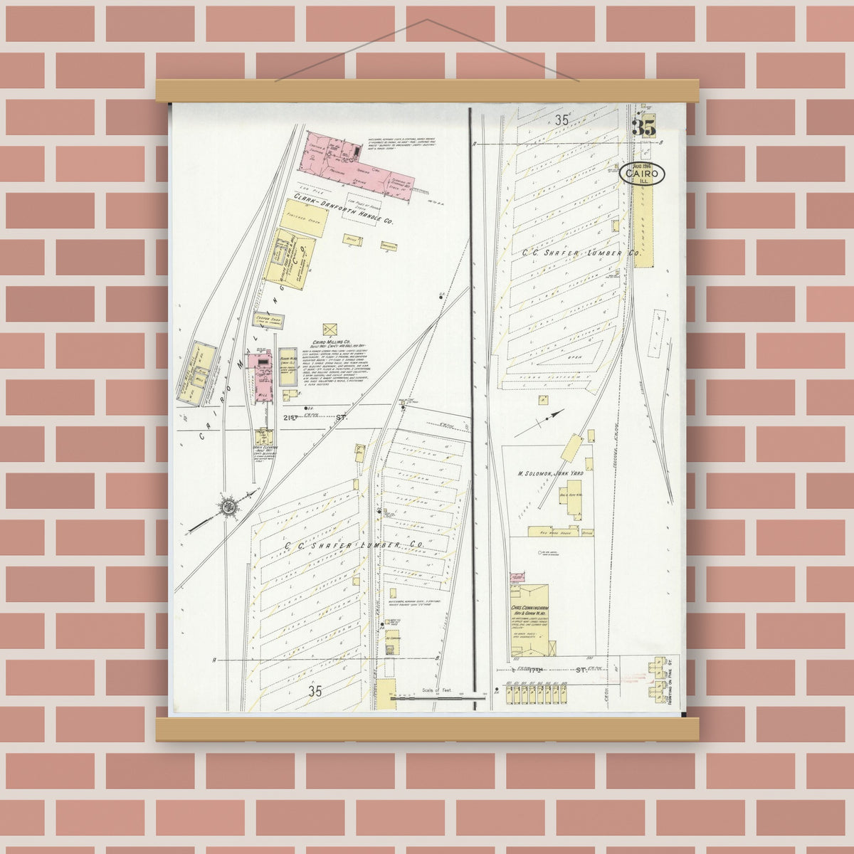 Old map wall art mockup — magnetic wood frame on brick wall — Sanborn Fire Insurance Map from Cairo, Alexander County, Illinois (1914), Sheet #0035
