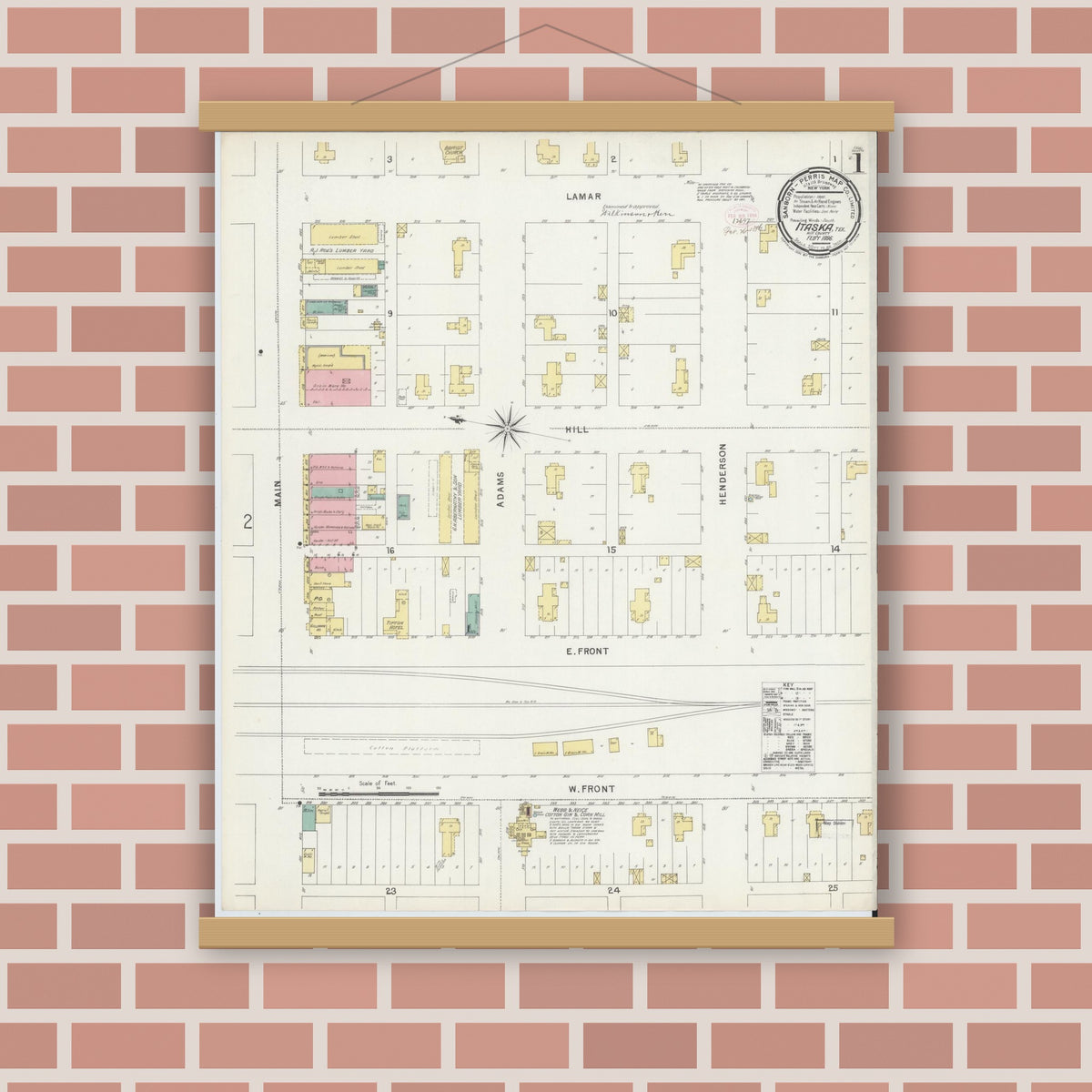 Old map wall art mockup — magnetic wood frame on brick wall — Sanborn Fire Insurance Map from Itasca, Hill County, Texas (1896) - Complete Map Set
