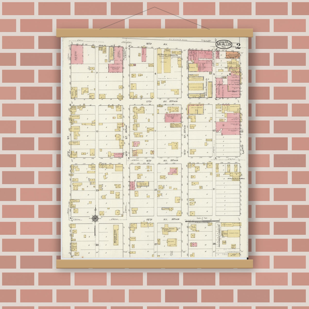 Old map wall art mockup — magnetic wood frame on brick wall — Sanborn Fire Insurance Map from McAllen, Hidalgo County, Texas (1919), Sheet #0002