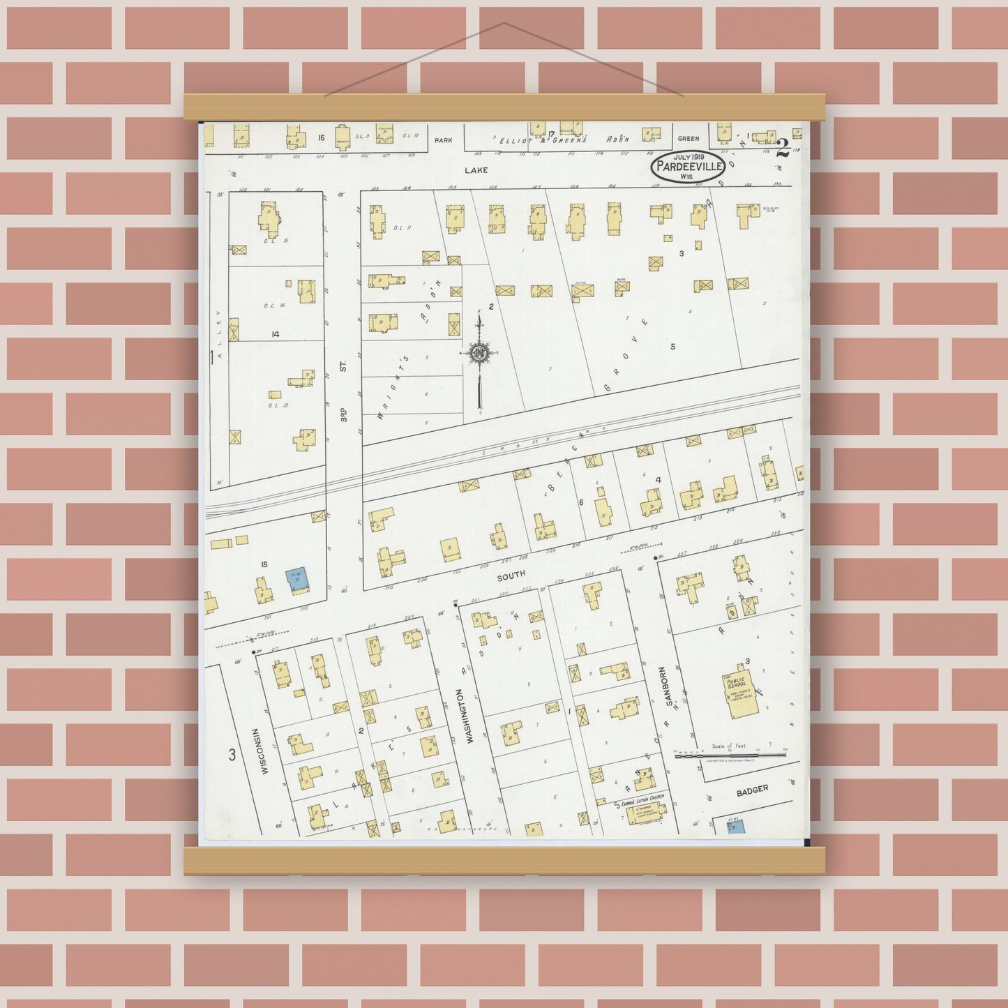 Old map wall art mockup — magnetic wood frame on brick wall — Sanborn Fire Insurance Map from Pardeeville, Columbia County, Wisconsin (1919), Sheet #0002