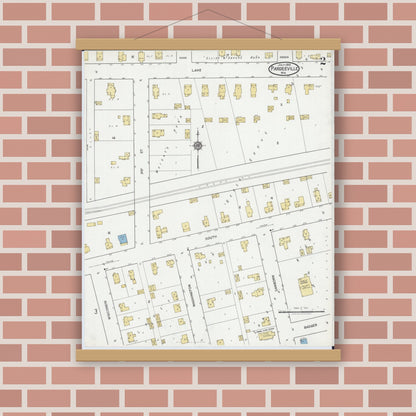 Old map wall art mockup — magnetic wood frame on brick wall — Sanborn Fire Insurance Map from Pardeeville, Columbia County, Wisconsin (1919), Sheet #0002