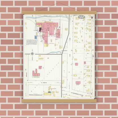 Old map wall art mockup — magnetic wood frame on brick wall — Sanborn Fire Insurance Map from Morris, Grundy County, Illinois (1916), Sheet #0009