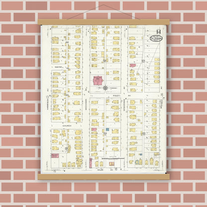 Old map wall art mockup — magnetic wood frame on brick wall — Sanborn Fire Insurance Map from Saint Joseph, Berrien County, Michigan (1921), Sheet #0014