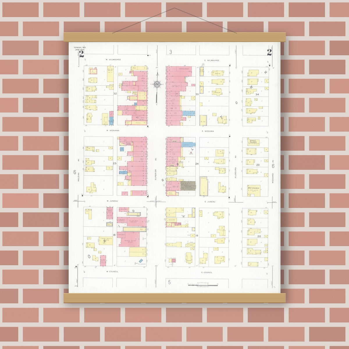 Old map wall art mockup — magnetic wood frame on brick wall — Sanborn Fire Insurance Map from Tomah, Monroe County, Wisconsin (1937), Sheet #0002