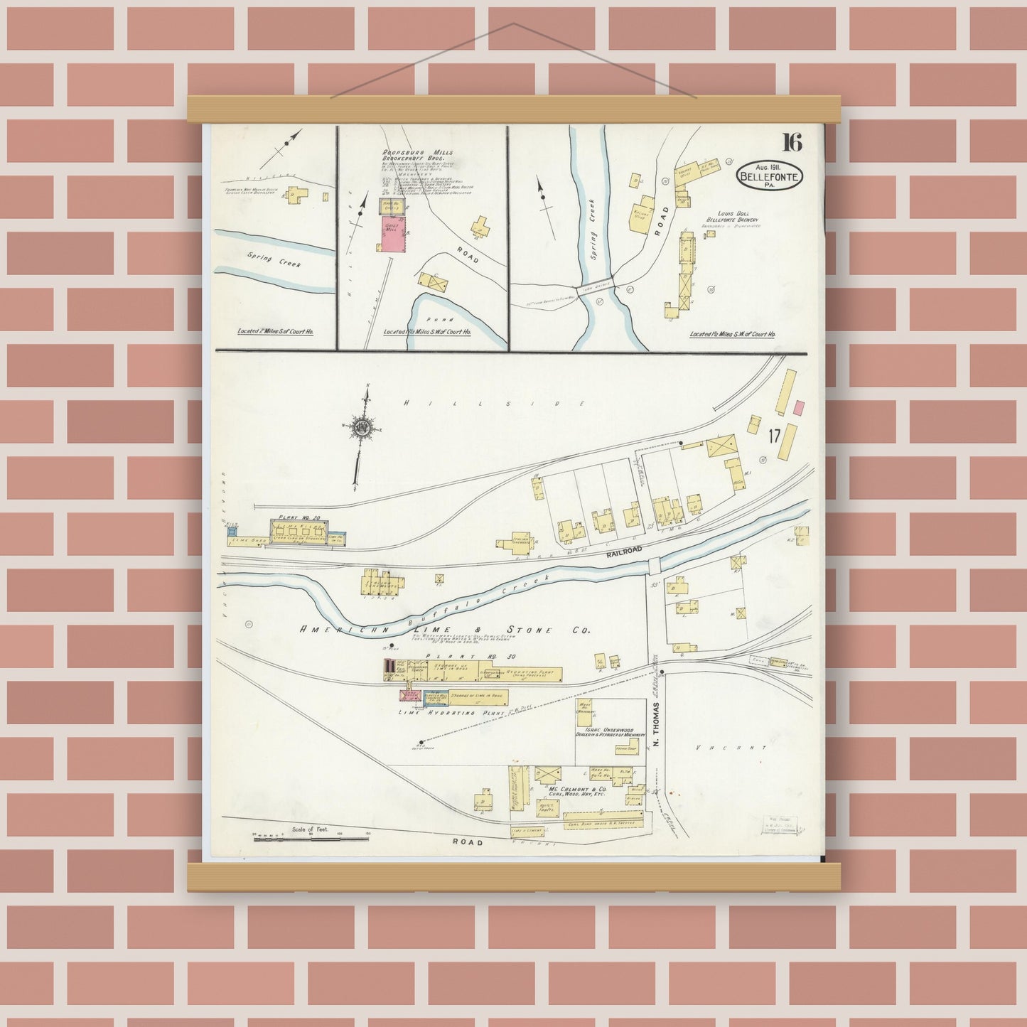 Old map wall art mockup — magnetic wood frame on brick wall — Sanborn Fire Insurance Map from Bellefonte, Centre County, Pennsylvania (1911), Sheet #0016