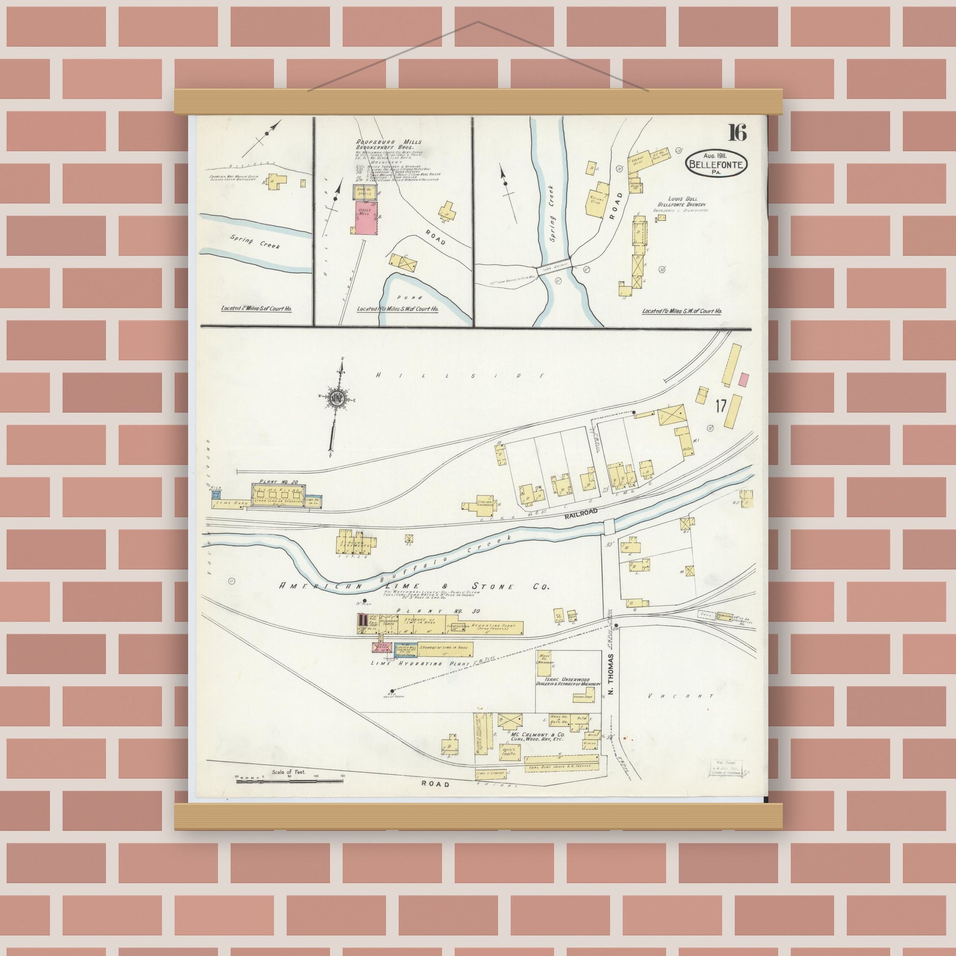 Old map wall art mockup — magnetic wood frame on brick wall — Sanborn Fire Insurance Map from Bellefonte, Centre County, Pennsylvania (1911), Sheet #0016