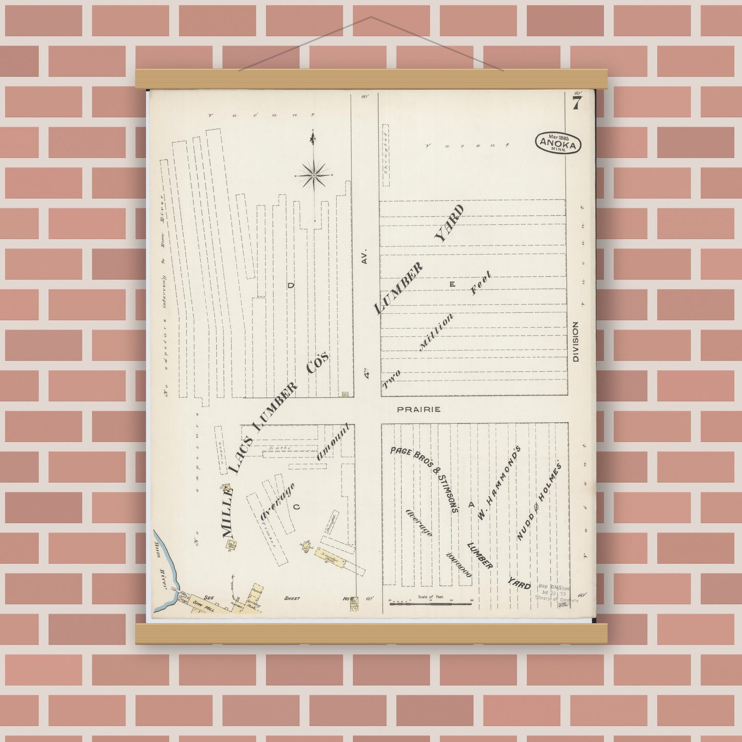 Old map wall art mockup — magnetic wood frame on brick wall — Sanborn Fire Insurance Map from Anoka, Anoka County, Minnesota (1885), Sheet #0007