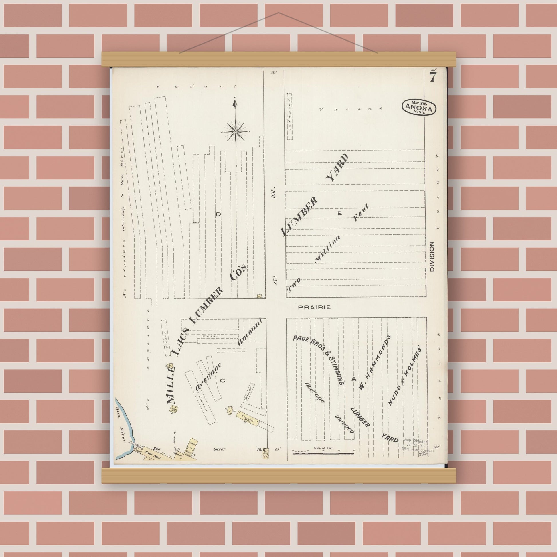 Old map wall art mockup — magnetic wood frame on brick wall — Sanborn Fire Insurance Map from Anoka, Anoka County, Minnesota (1885), Sheet #0007