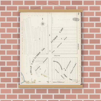 Old map wall art mockup — magnetic wood frame on brick wall — Sanborn Fire Insurance Map from Anoka, Anoka County, Minnesota (1885), Sheet #0007