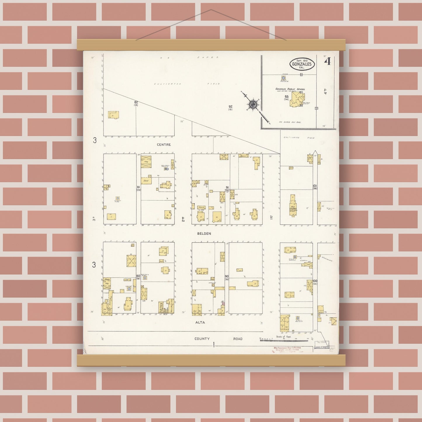 Old map wall art mockup — magnetic wood frame on brick wall — Sanborn Fire Insurance Map from Gonzales, Monterey County, California (1910), Sheet #0004
