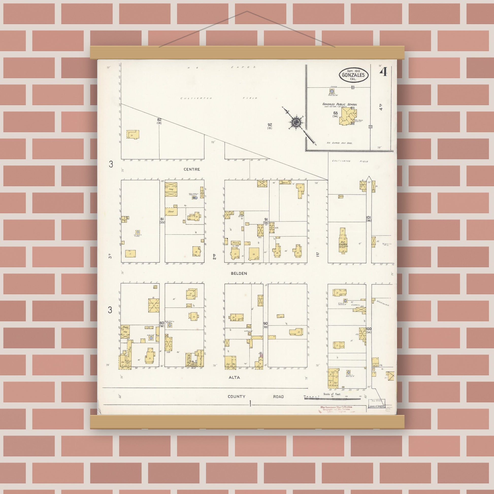 Old map wall art mockup — magnetic wood frame on brick wall — Sanborn Fire Insurance Map from Gonzales, Monterey County, California (1910), Sheet #0004