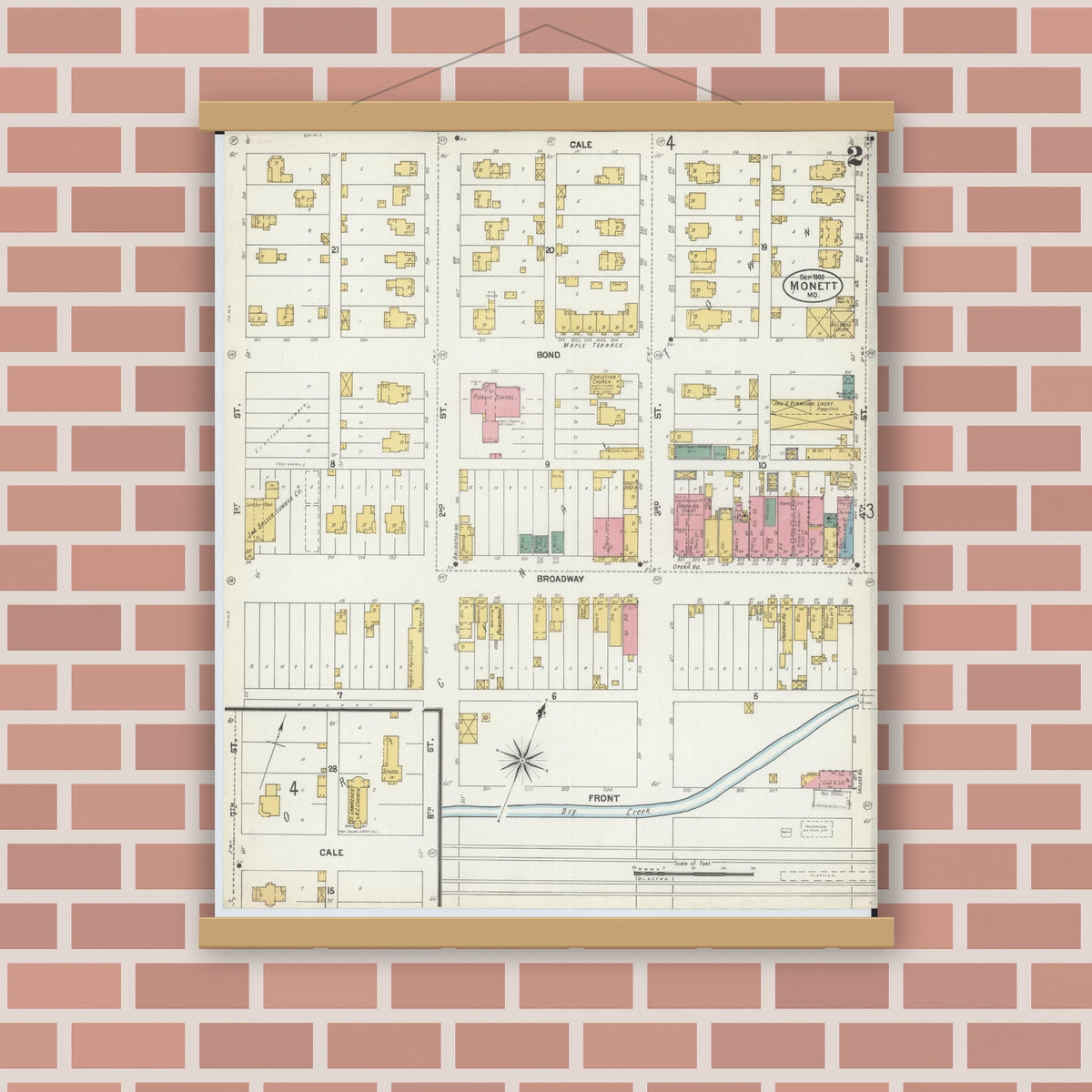 Old map wall art mockup — magnetic wood frame on brick wall — Sanborn Fire Insurance Map from Monett, Barry County, Missouri (1902), Sheet #0002