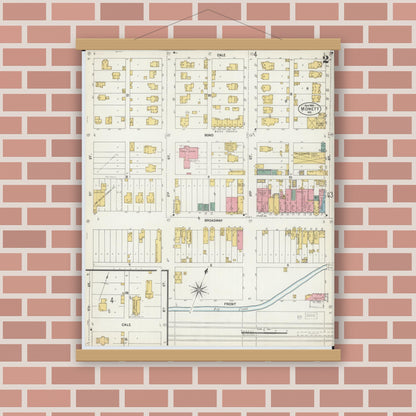 Old map wall art mockup — magnetic wood frame on brick wall — Sanborn Fire Insurance Map from Monett, Barry County, Missouri (1902), Sheet #0002