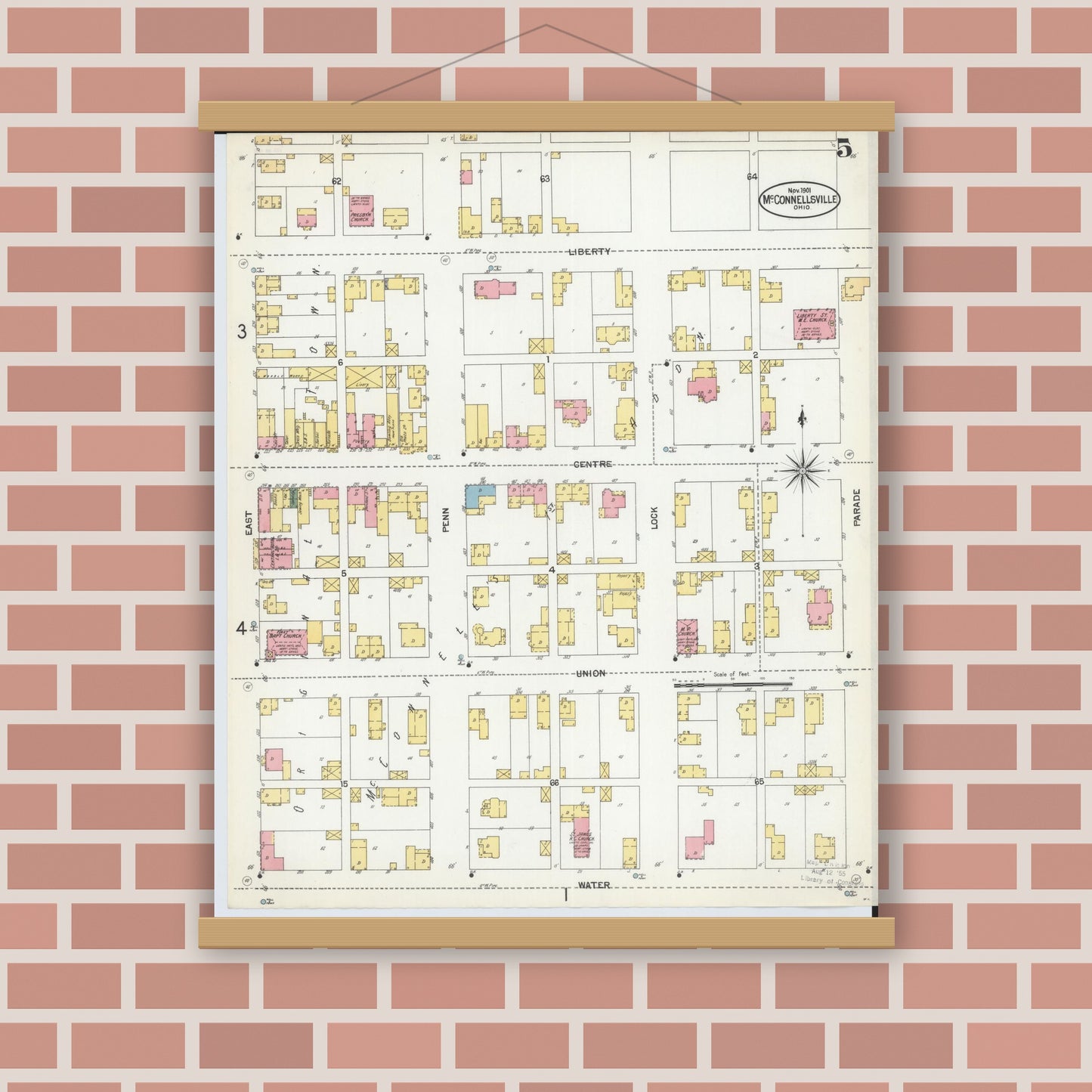Old map wall art mockup — magnetic wood frame on brick wall — Sanborn Fire Insurance Map from McConnelsville, Morgan County, Ohio (1901), Sheet #0005