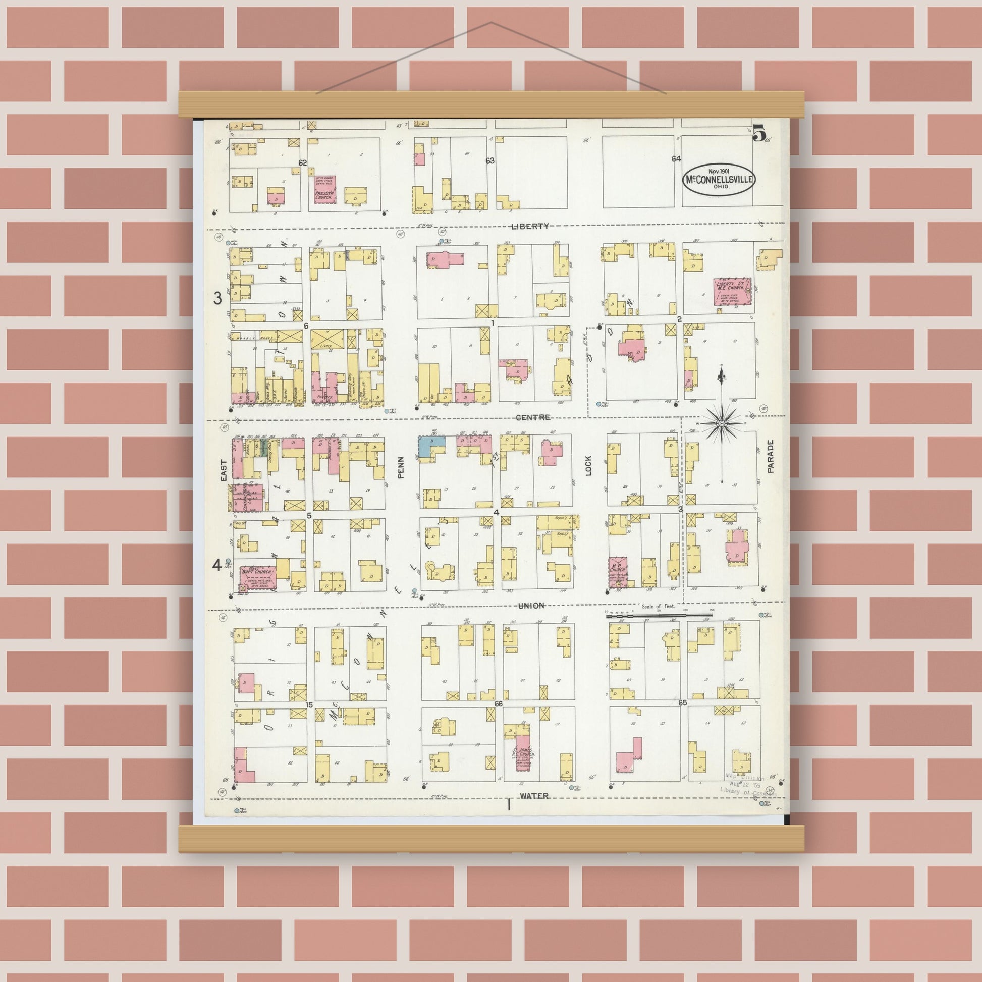 Old map wall art mockup — magnetic wood frame on brick wall — Sanborn Fire Insurance Map from McConnelsville, Morgan County, Ohio (1901), Sheet #0005