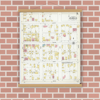 Old map wall art mockup — magnetic wood frame on brick wall — Sanborn Fire Insurance Map from McConnelsville, Morgan County, Ohio (1901), Sheet #0005