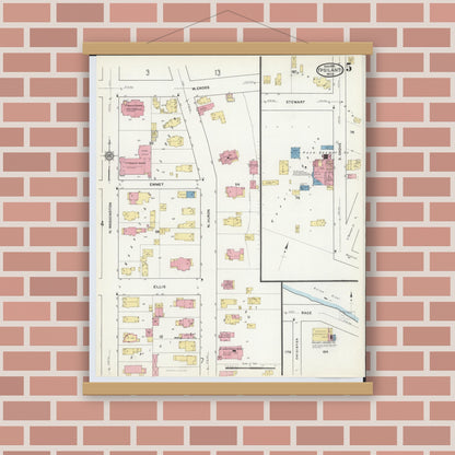 Old map wall art mockup — magnetic wood frame on brick wall — Sanborn Fire Insurance Map from Ypsilanti, Washtenaw County, Michigan (1916), Sheet #0005